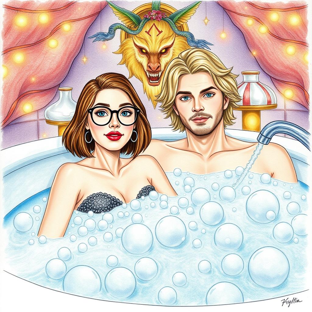 A 35-year-old woman with shoulder-length light brown hair, wearing stylish round glasses, is relaxing in a large, luxurious bathtub filled with bubbles