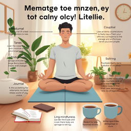 An informative and calming image illustrating various techniques to manage anxiety in daily life