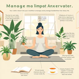 An informative and calming image illustrating various techniques to manage anxiety in daily life