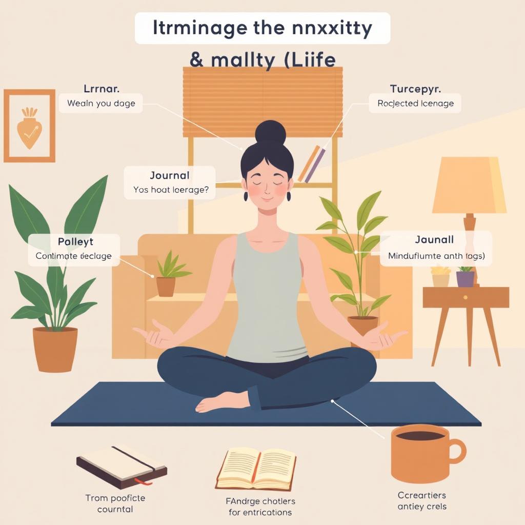 An informative and calming image illustrating various techniques to manage anxiety in daily life