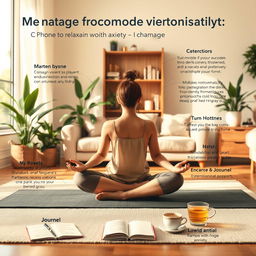 An informative and calming image illustrating various techniques to manage anxiety in daily life
