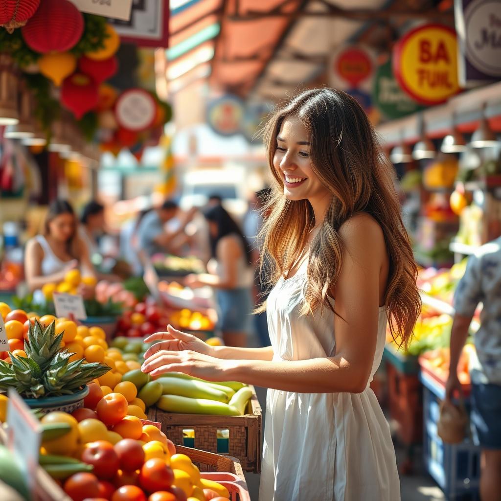 A woman shopping in a vibrant, bustling market filled with colorful stalls