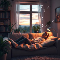 A serene and peaceful scene of a cozy room filled with soft lighting, where a person is comfortably relaxing on a plush sofa with headphones on, listening to soothing music
