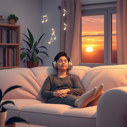 A serene and peaceful scene of a cozy room filled with soft lighting, where a person is comfortably relaxing on a plush sofa with headphones on, listening to soothing music