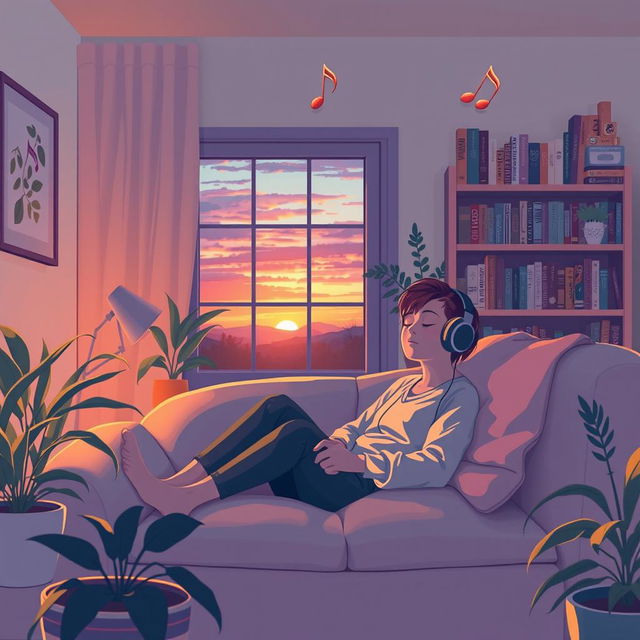 A serene and peaceful scene of a cozy room filled with soft lighting, where a person is comfortably relaxing on a plush sofa with headphones on, listening to soothing music