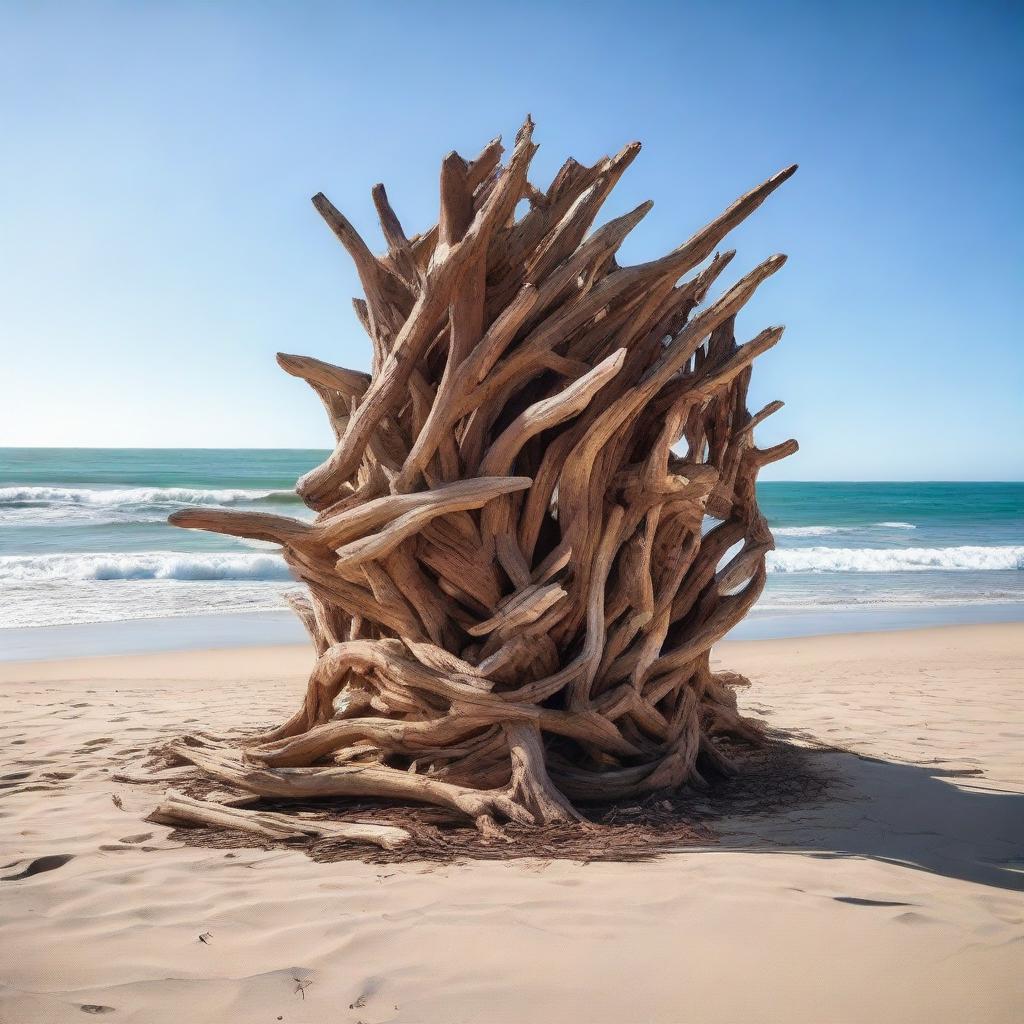 A captivating architectural structure crafted from a captivating mix of driftwood and durable Corten metal, majestically standing on an idyllic beach against the backdrop of the roaring ocean.