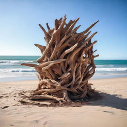 A captivating architectural structure crafted from a captivating mix of driftwood and durable Corten metal, majestically standing on an idyllic beach against the backdrop of the roaring ocean.