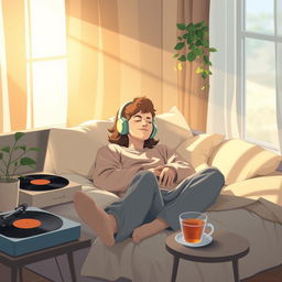 A serene scene depicting a person lounging in a cozy space, wearing comfortable clothes, surrounded by soft pillows and blankets