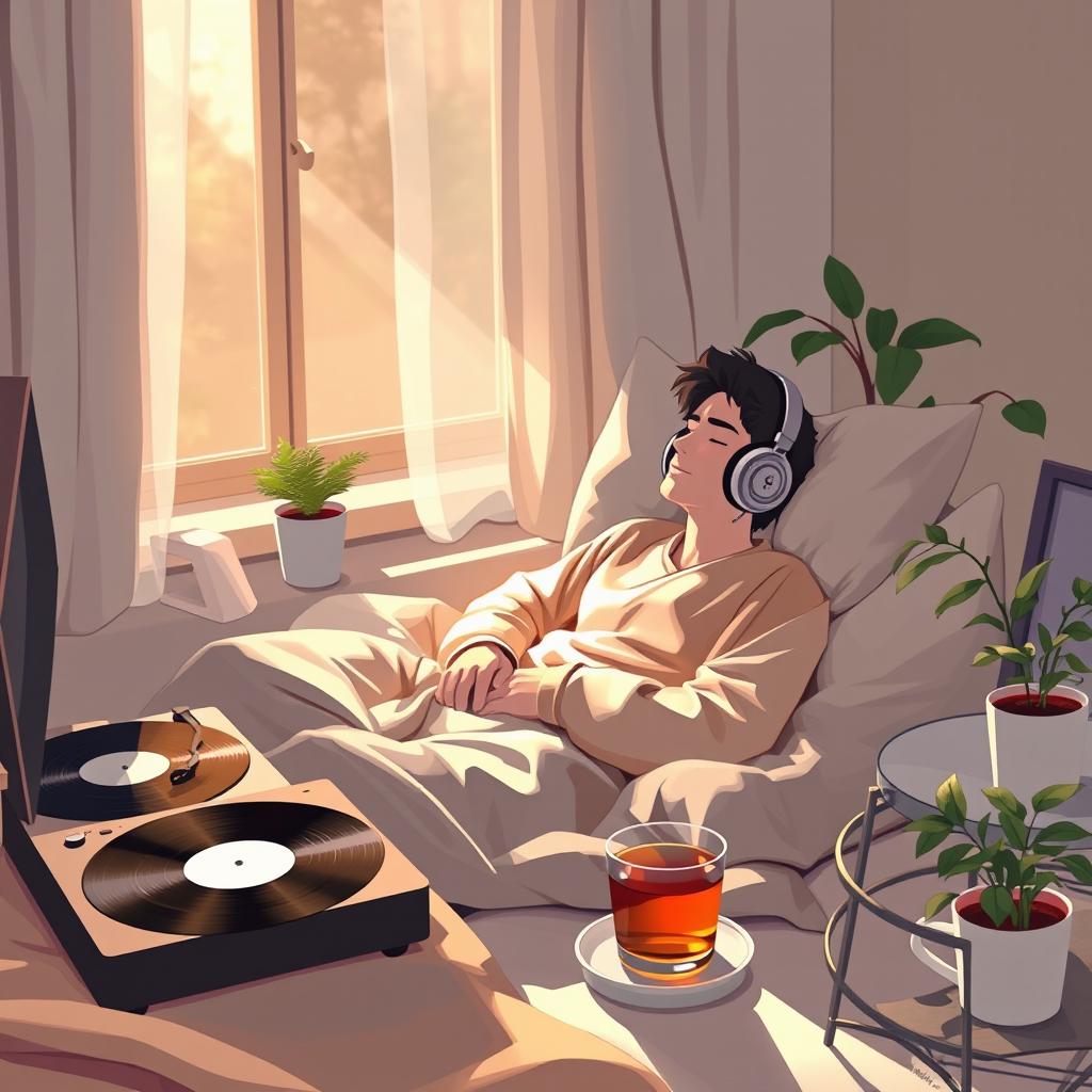 A serene scene depicting a person lounging in a cozy space, wearing comfortable clothes, surrounded by soft pillows and blankets