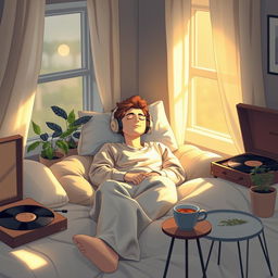 A serene scene depicting a person lounging in a cozy space, wearing comfortable clothes, surrounded by soft pillows and blankets