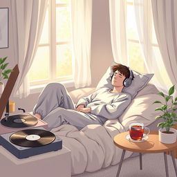 A serene scene depicting a person lounging in a cozy space, wearing comfortable clothes, surrounded by soft pillows and blankets