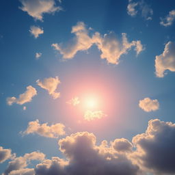 A serene view of fluffy clouds scattered across a vibrant blue sky, illuminated by a soft sunrise in the background