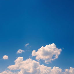 A serene view of fluffy clouds scattered across a vibrant blue sky, illuminated by a soft sunrise in the background