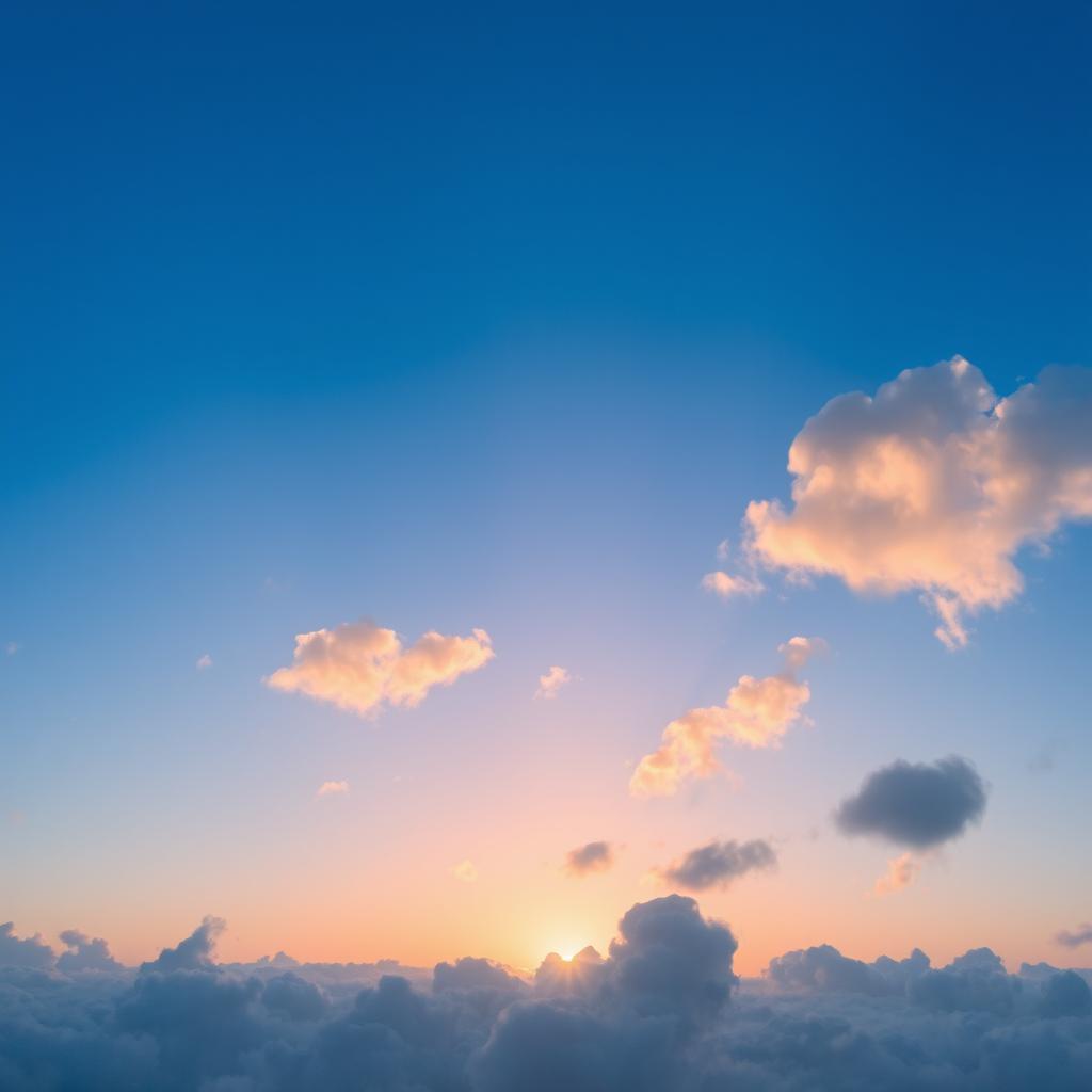 A serene view of fluffy clouds scattered across a vibrant blue sky, illuminated by a soft sunrise in the background