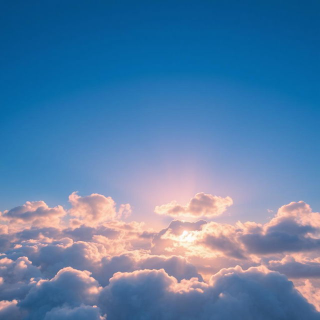 A serene view of fluffy clouds scattered across a vibrant blue sky, illuminated by a soft sunrise in the background