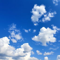 A vast blue sky filled with an array of large white fluffy clouds, creating a stunning contrast with the vibrant blue atmosphere