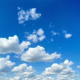 A vast blue sky filled with an array of large white fluffy clouds, creating a stunning contrast with the vibrant blue atmosphere