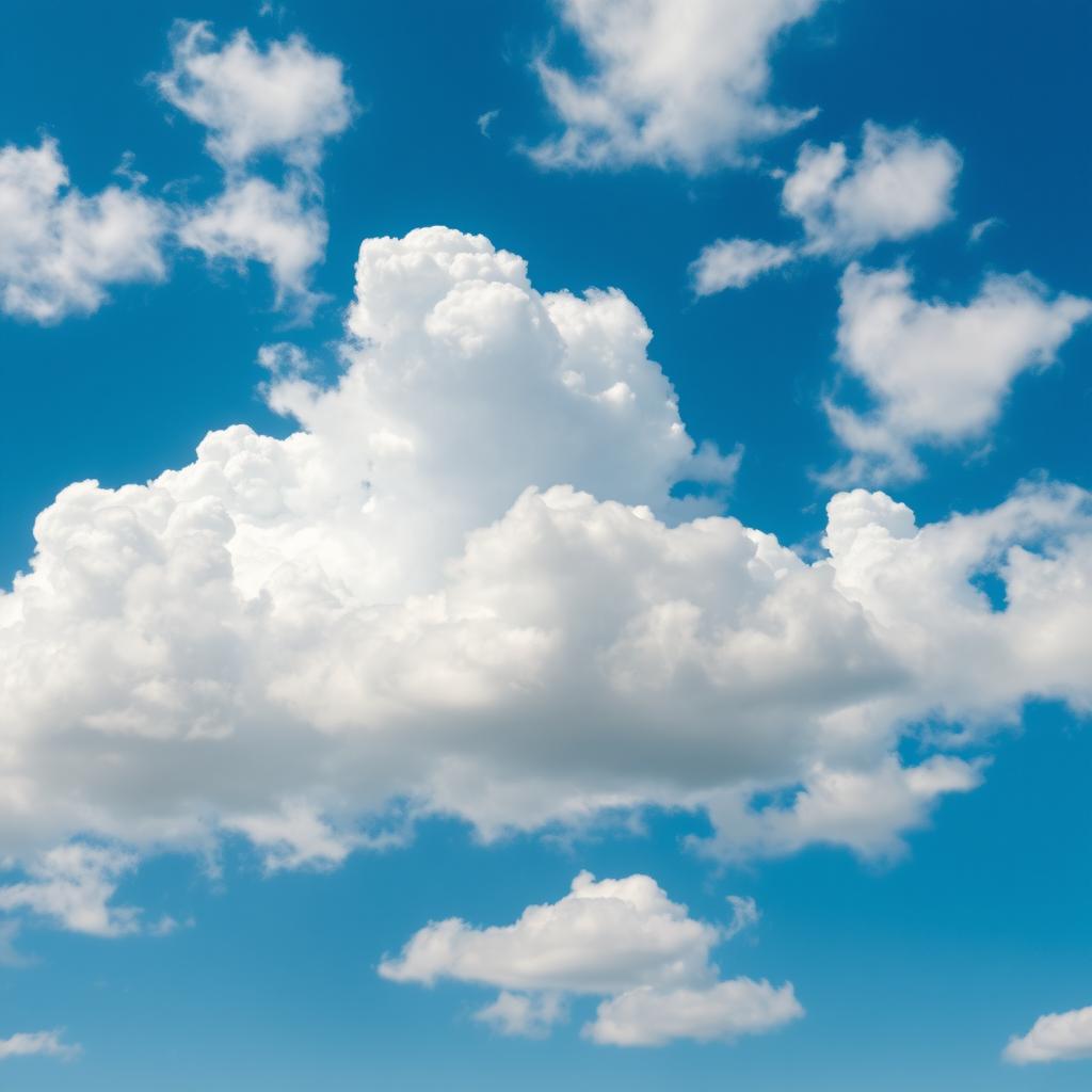 A vast blue sky filled with an array of large white fluffy clouds, creating a stunning contrast with the vibrant blue atmosphere