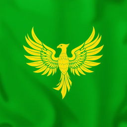 A vibrant green flag featuring a majestic yellow phoenix bird in the center