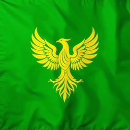 A vibrant green flag featuring a majestic yellow phoenix bird in the center
