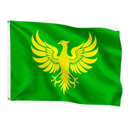 A vibrant green flag featuring a majestic yellow phoenix bird in the center