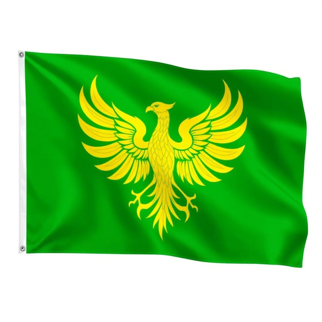 A vibrant green flag featuring a majestic yellow phoenix bird in the center