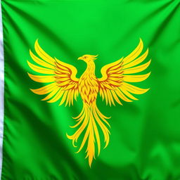 A vibrant green flag featuring a majestic yellow phoenix bird in the center