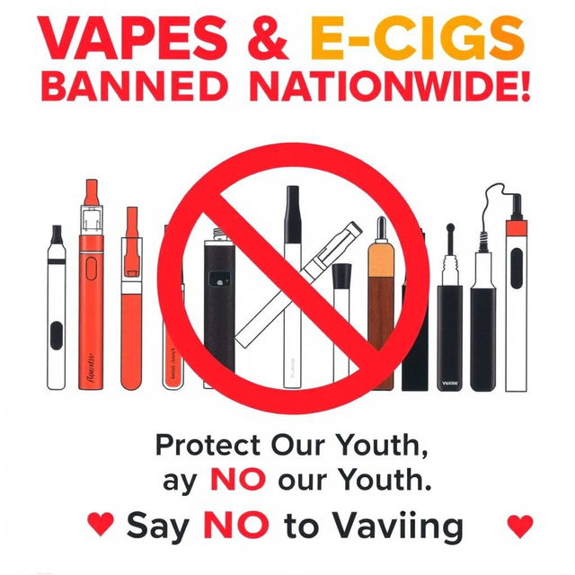 A Public Service Announcement (PSA) poster highlighting the national ban on vapes and e-cigarettes