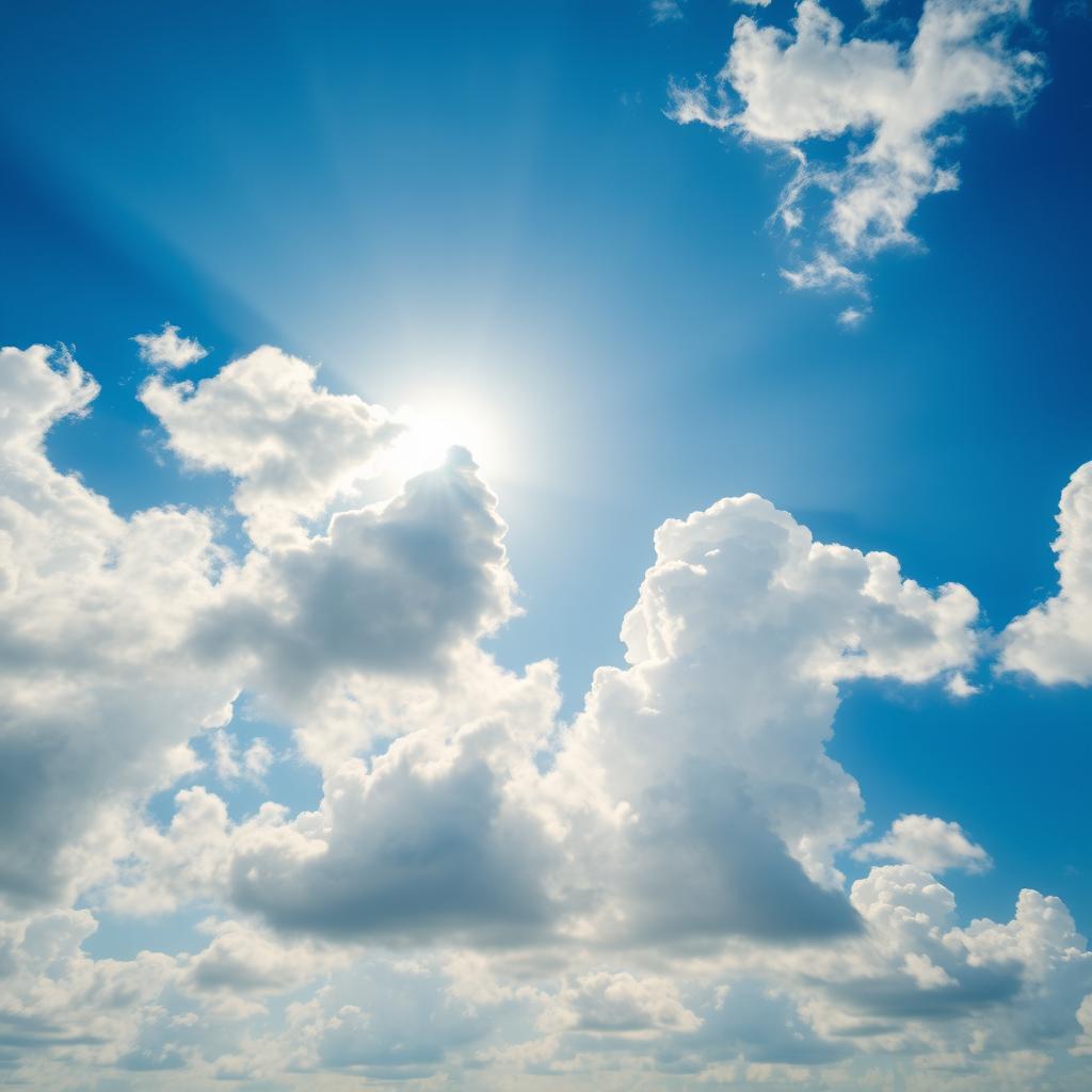 A stunning landscape featuring a beautiful blue sky filled with numerous large, fluffy clouds