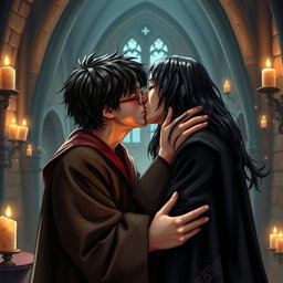 A romantic scene featuring Harry Potter and Severus Snape sharing a passionate kiss, set in the dimly lit, enchanted surroundings of Hogwarts