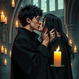 A romantic scene featuring Harry Potter and Severus Snape sharing a passionate kiss, set in the dimly lit, enchanted surroundings of Hogwarts