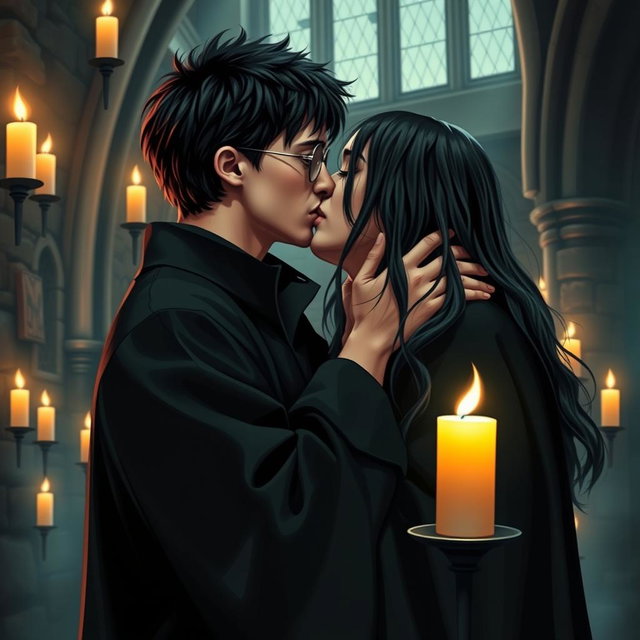 A romantic scene featuring Harry Potter and Severus Snape sharing a passionate kiss, set in the dimly lit, enchanted surroundings of Hogwarts