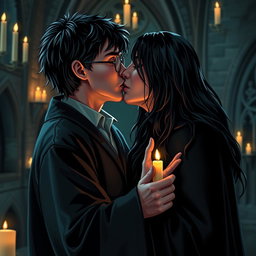 A romantic scene featuring Harry Potter and Severus Snape sharing a passionate kiss, set in the dimly lit, enchanted surroundings of Hogwarts