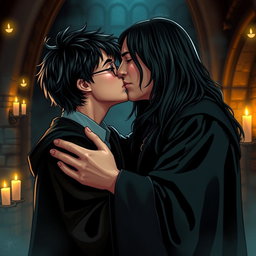 A romantic scene featuring Harry Potter and Severus Snape sharing a passionate kiss, set in the dimly lit, enchanted surroundings of Hogwarts