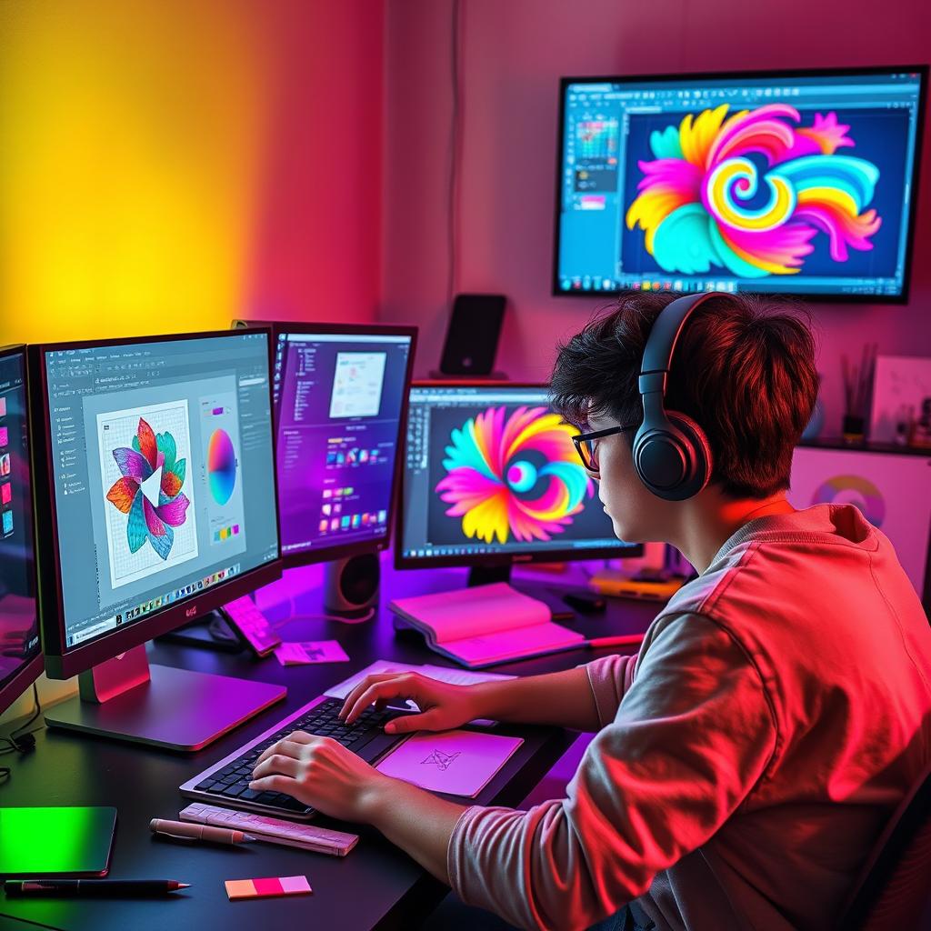 A digital artist intensely focused on creating a graphic design on a computer