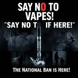 A powerful and impactful PSA poster highlighting the national ban of vapes and e-cigarettes
