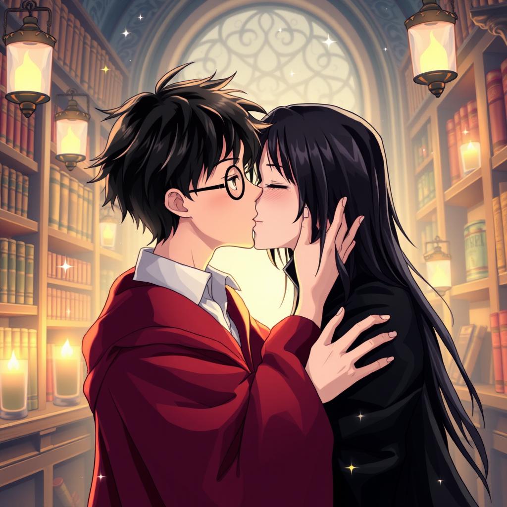 An anime-style illustration of Harry Potter and Severus Snape sharing a passionate kiss