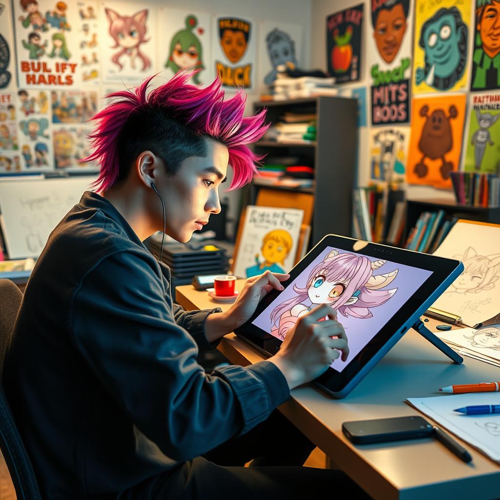 An artist focused on creating graphic designs in an anime style, sitting at a digital drawing tablet in a well-lit studio filled with art supplies, sketches, and colorful posters on the walls