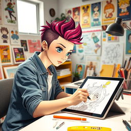 An artist focused on creating graphic designs in an anime style, sitting at a digital drawing tablet in a well-lit studio filled with art supplies, sketches, and colorful posters on the walls