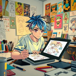 An artist focused on creating graphic designs in an anime style, sitting at a digital drawing tablet in a well-lit studio filled with art supplies, sketches, and colorful posters on the walls