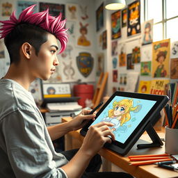 An artist focused on creating graphic designs in an anime style, sitting at a digital drawing tablet in a well-lit studio filled with art supplies, sketches, and colorful posters on the walls