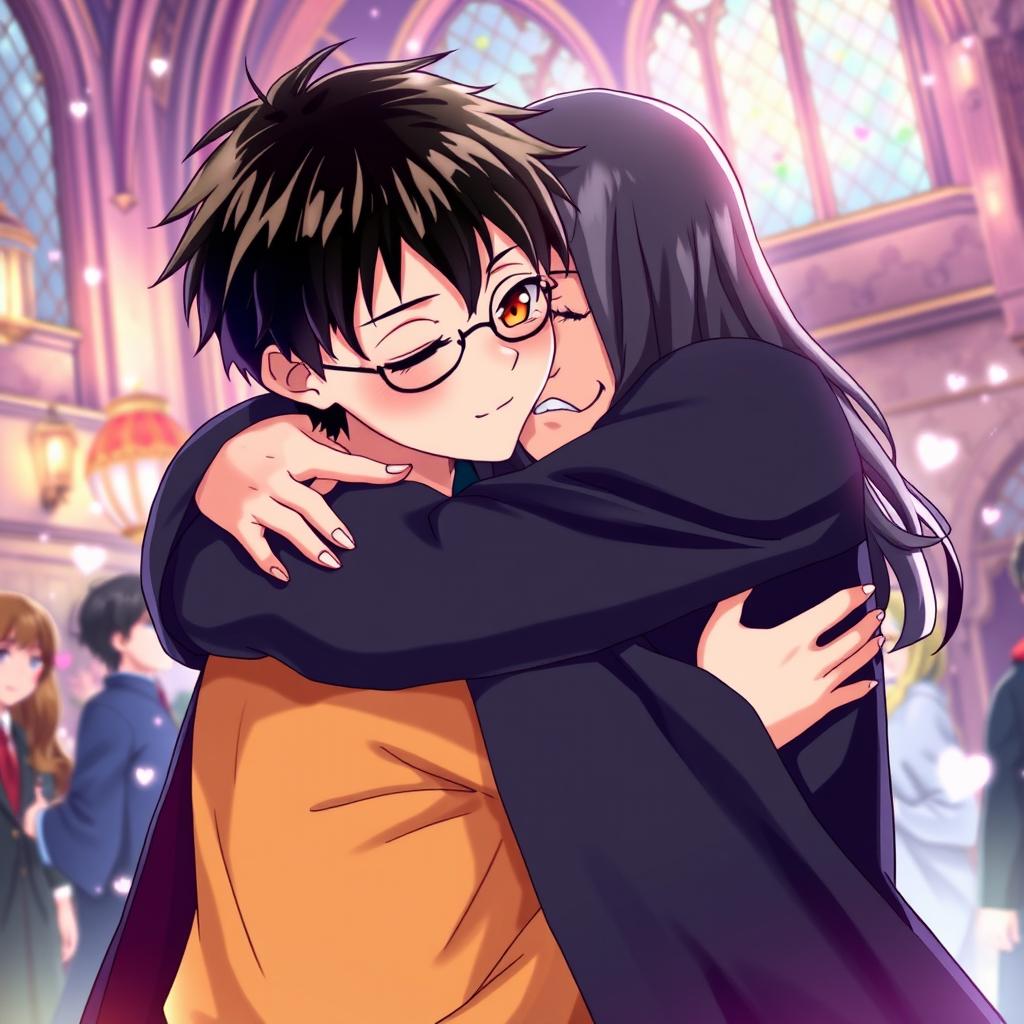An anime-style illustration depicting Harry Potter affectionately embracing Severus Snape