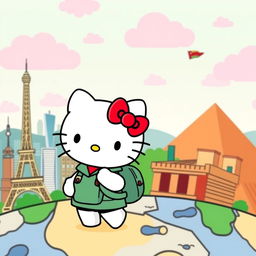 A delightful scene of Hello Kitty traveling around the world, featuring her in various iconic locations like the Eiffel Tower in Paris, the Great Wall of China, and the pyramids in Egypt