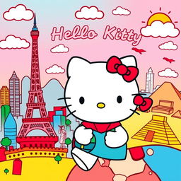 A delightful scene of Hello Kitty traveling around the world, featuring her in various iconic locations like the Eiffel Tower in Paris, the Great Wall of China, and the pyramids in Egypt