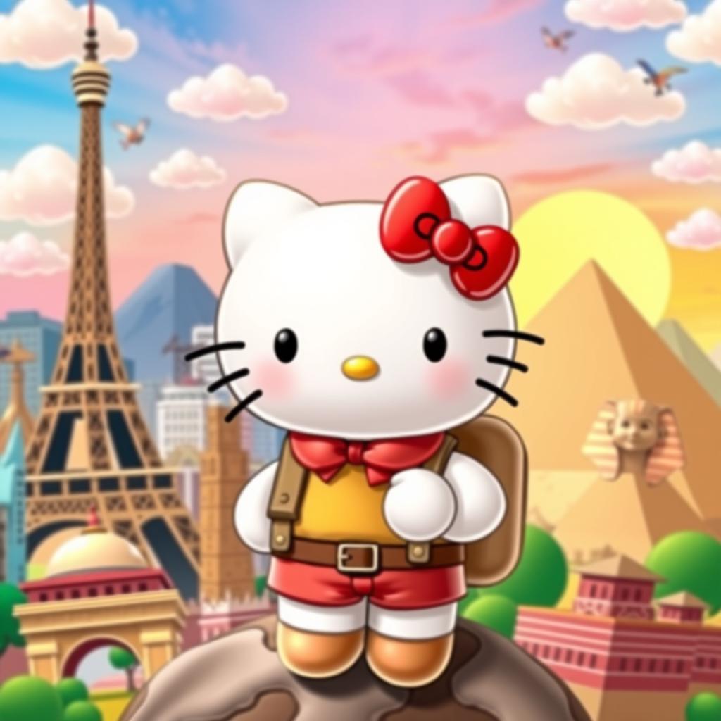 A delightful scene of Hello Kitty traveling around the world, featuring her in various iconic locations like the Eiffel Tower in Paris, the Great Wall of China, and the pyramids in Egypt