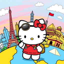 A delightful scene of Hello Kitty traveling around the world, featuring her in various iconic locations like the Eiffel Tower in Paris, the Great Wall of China, and the pyramids in Egypt