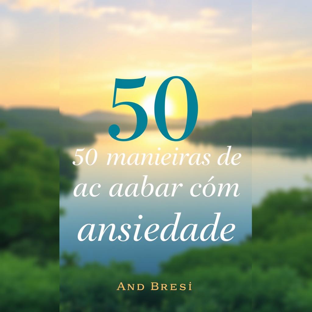 A book cover design for '50 maneiras de acabar com ansiedade', featuring a calming, serene landscape