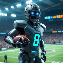 A futuristic humanoid robot designed to resemble the famous football player Lamar Jackson, displaying sleek metallic features and athletic build