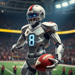 A futuristic humanoid robot designed to resemble the famous football player Lamar Jackson, displaying sleek metallic features and athletic build