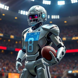 A futuristic humanoid robot designed to resemble the famous football player Lamar Jackson, displaying sleek metallic features and athletic build